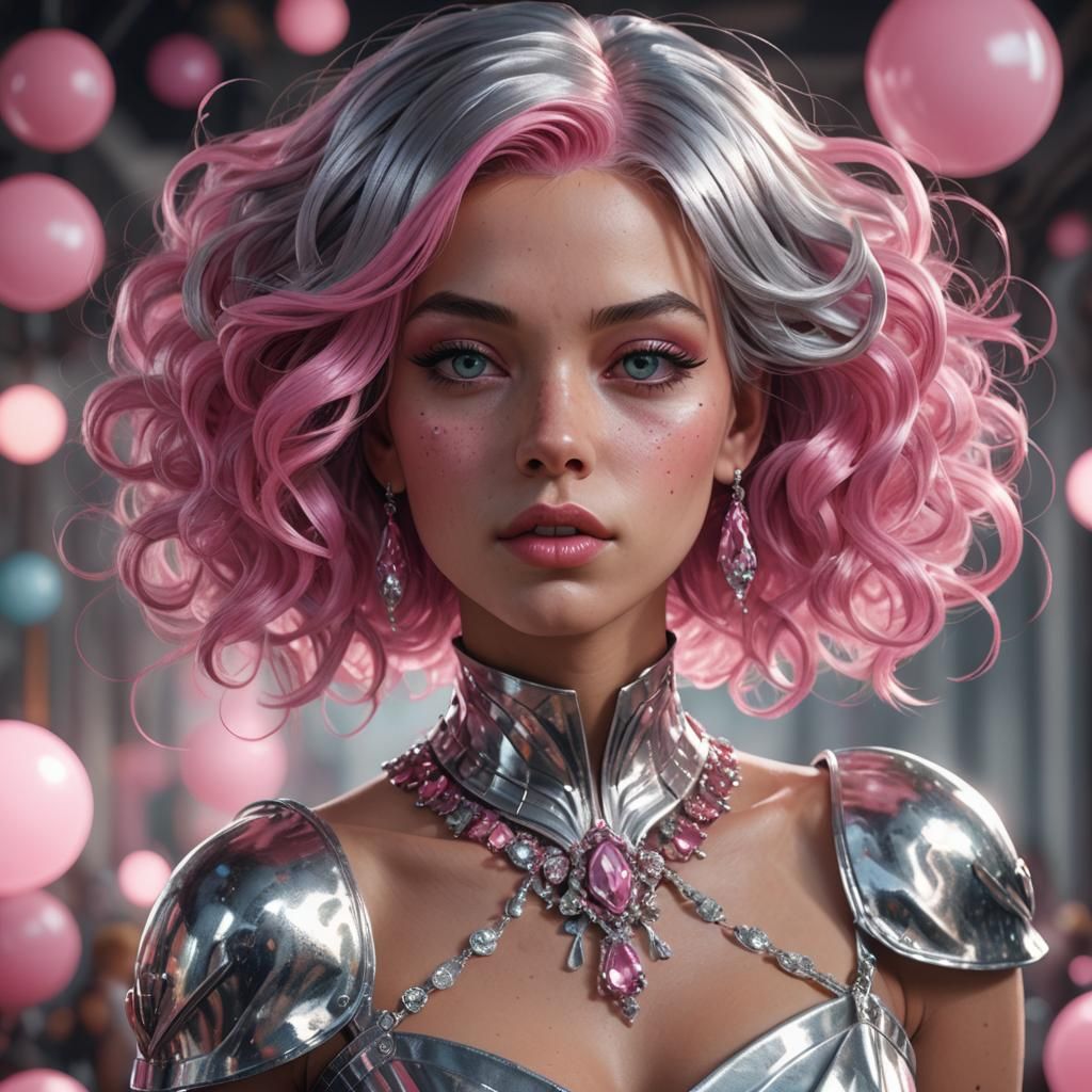 Pink-Haired Woman in Silver Gown, Hyperdetailed Portrait