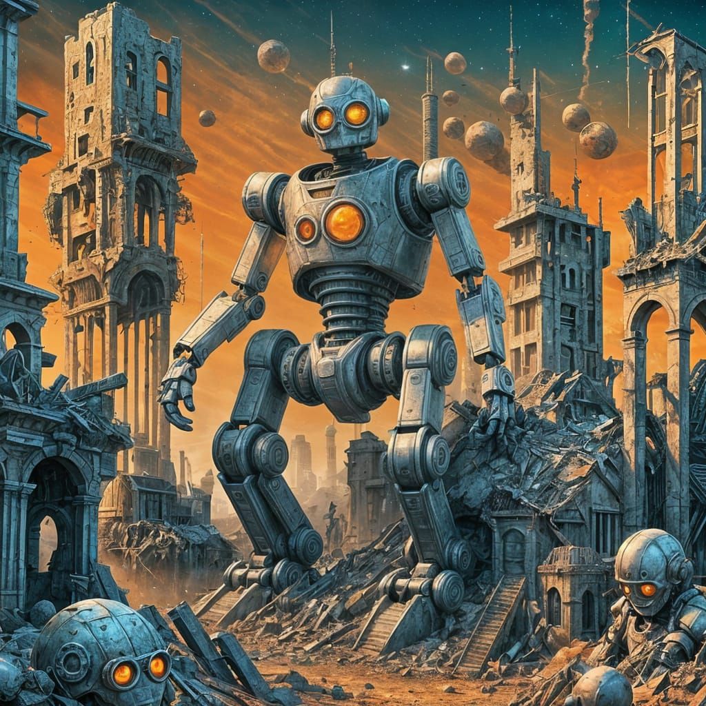 Cyberpunk Ruins of a War-Torn City