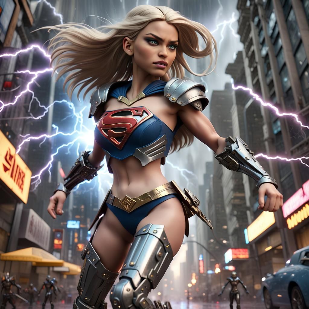Futuristic Supergirl in Cyberpunk Cityscape