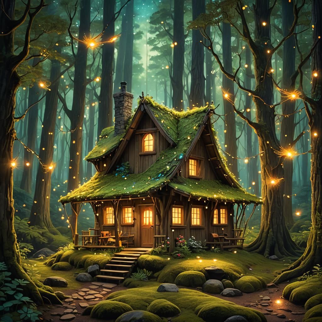 Enchanted Cabin in Mystical Forest, Fantasy Art