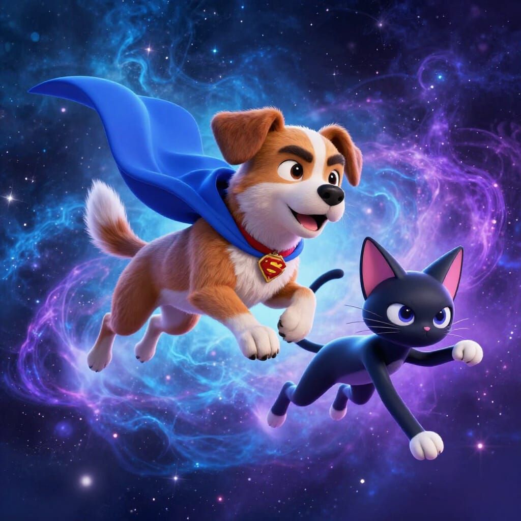 Superdog and Cosmic Cat in Cosmic Action Scene