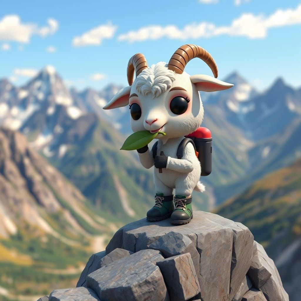 Funko Pop Goat on Mountain Ledge in 3D Anime Style
