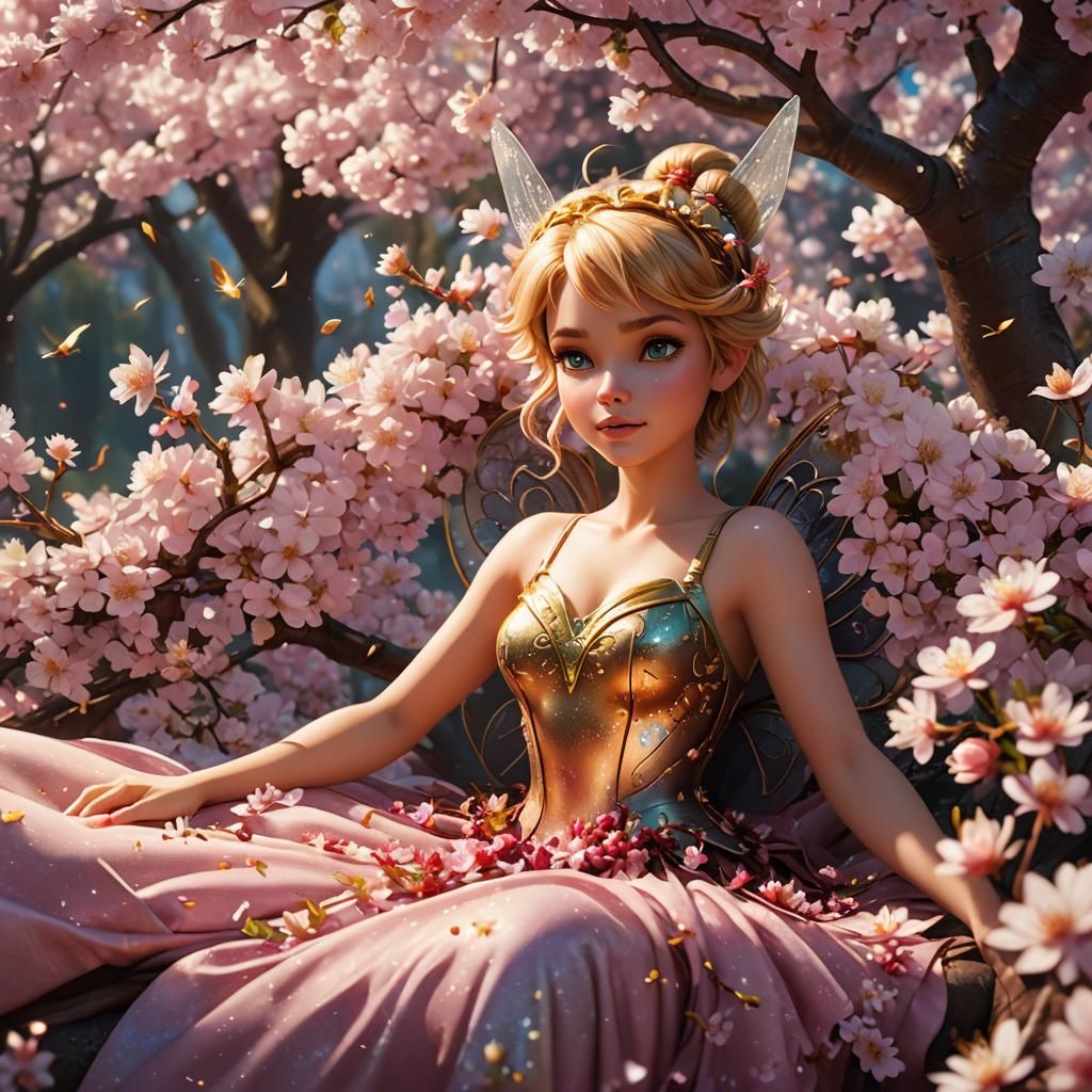 Tinker Bell in Cherry Blossoms: Fantasy Illustration
