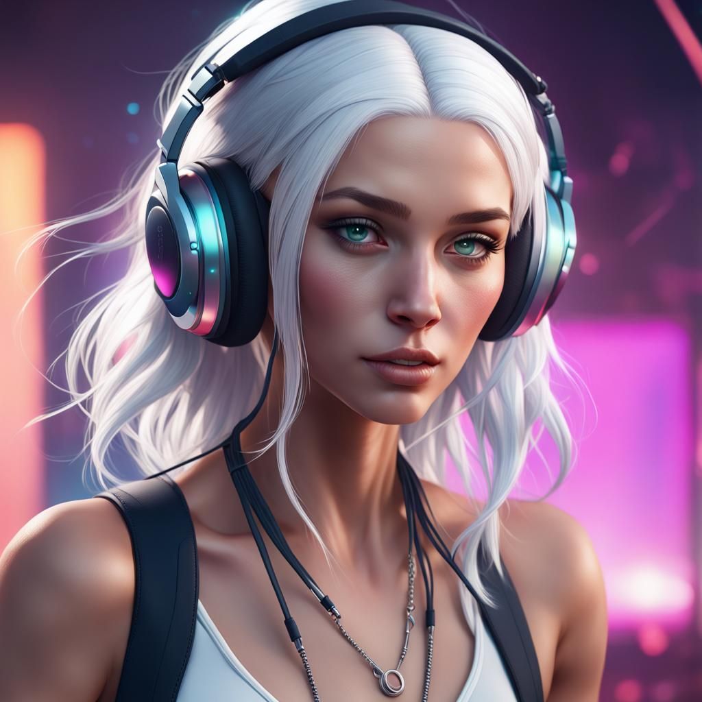 White-Haired DJ Girl: Summer Portrait in Art Nouveau Style