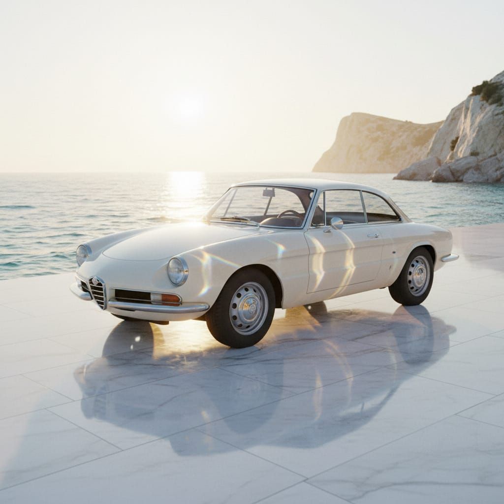 Classic Alfa Romeo Reflects Sunlight on Marble and Water