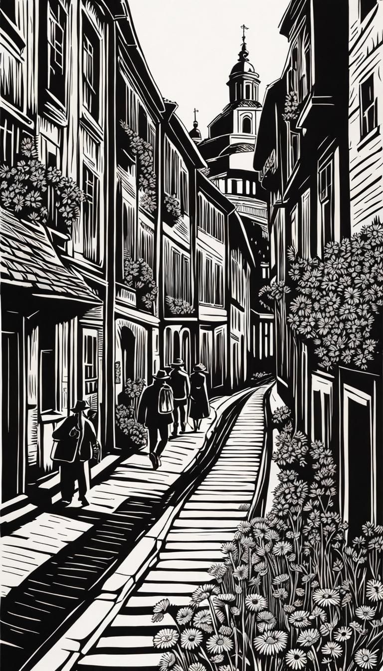 Black and White Woodcut of Wildflowers and City