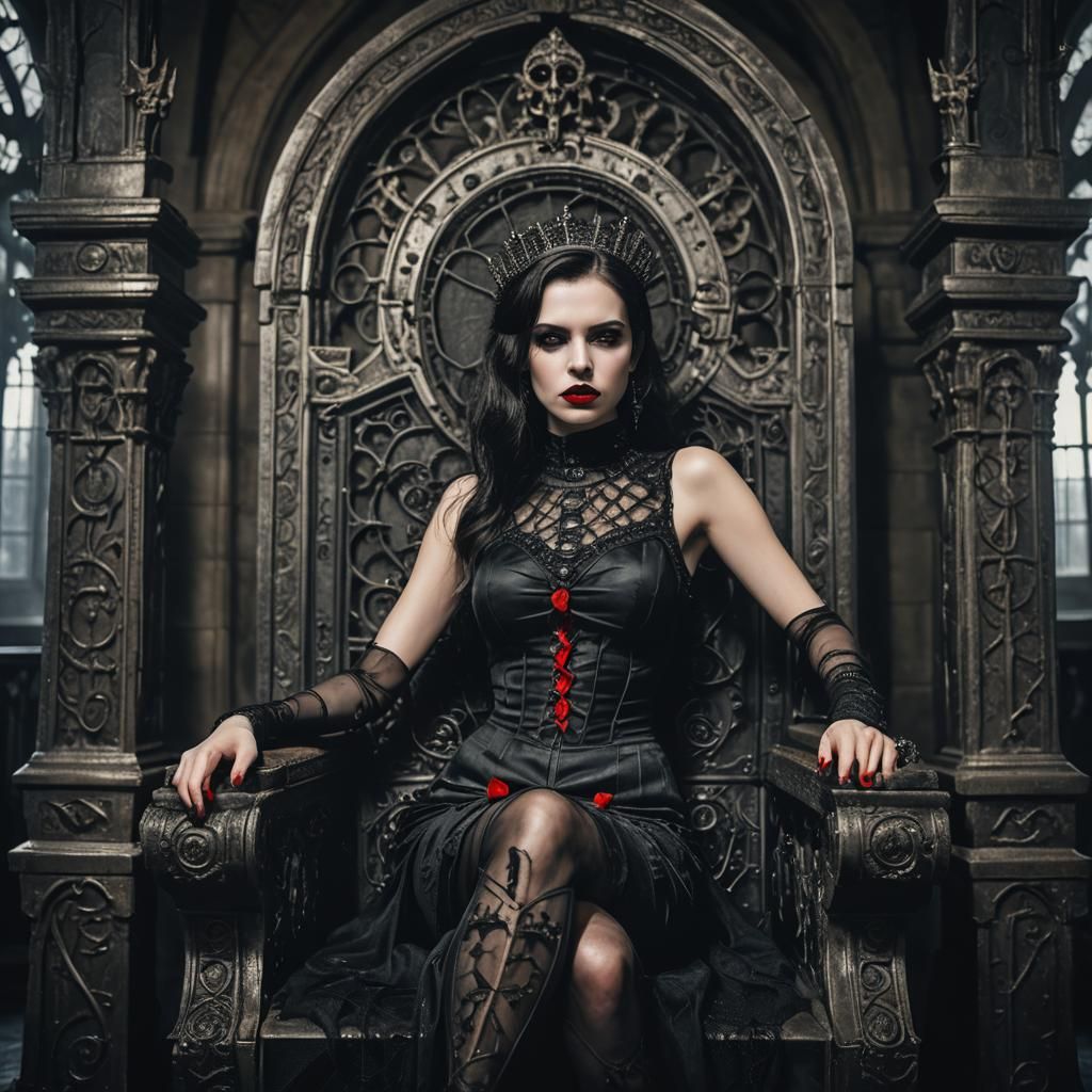 Eerie Gothic Lady on Throne in Giger Castle