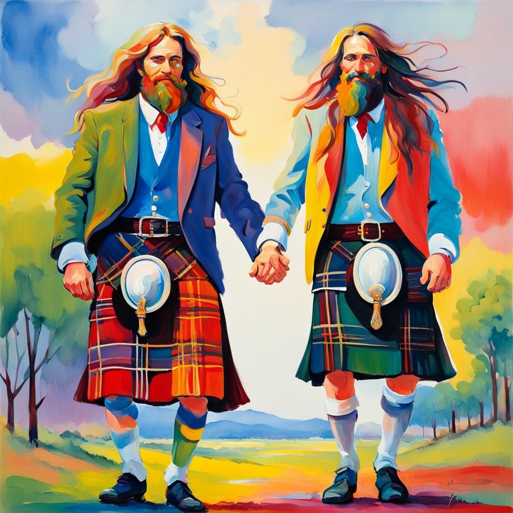 Happy Men in Kilts: Gouache Impressionist Masterpiece