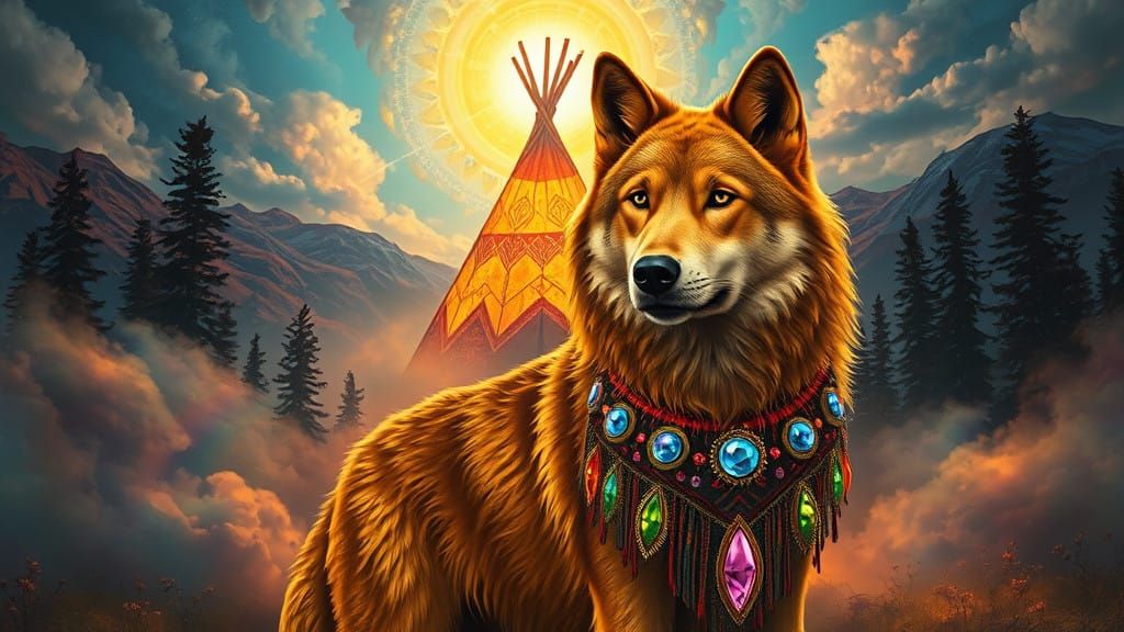 Gold Wolf Surrounded by Iridescent Mist and Glowing Teepee i...