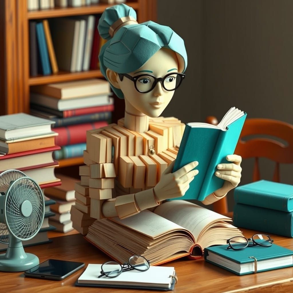 Whimsical Book Constructed Goddess with Reading Pose and Sym...