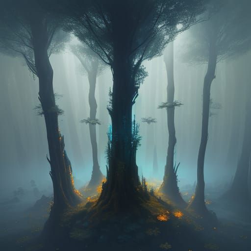 Ancient Forest Cubes in Vibrant Oil Painting