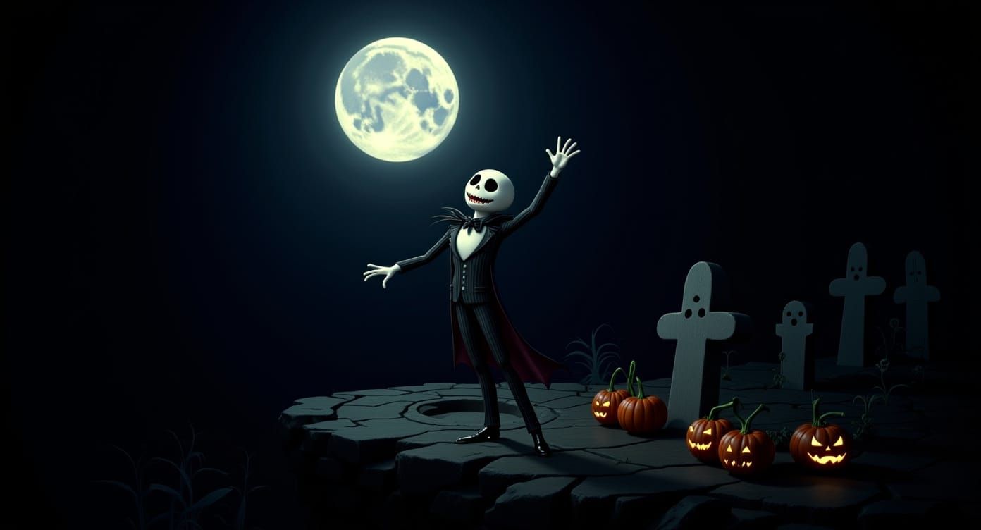 Jack Skellington Sings on Spiral Cliff in Tim Burton Style