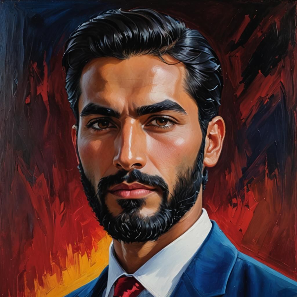 Handsome Man in Blue Suit: Neo-Impressionism Oil Painting