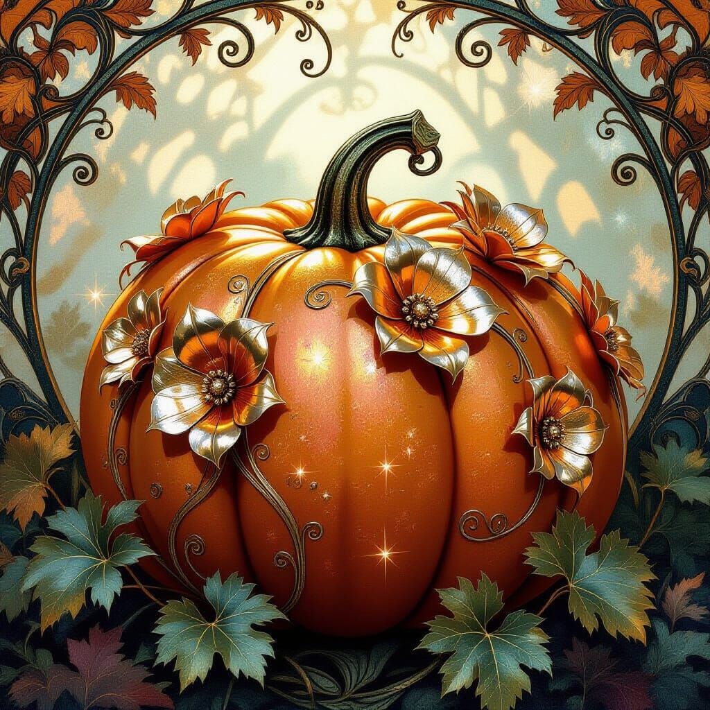Art Nouveau Pumpkin with Shimmering Metallic Flowers