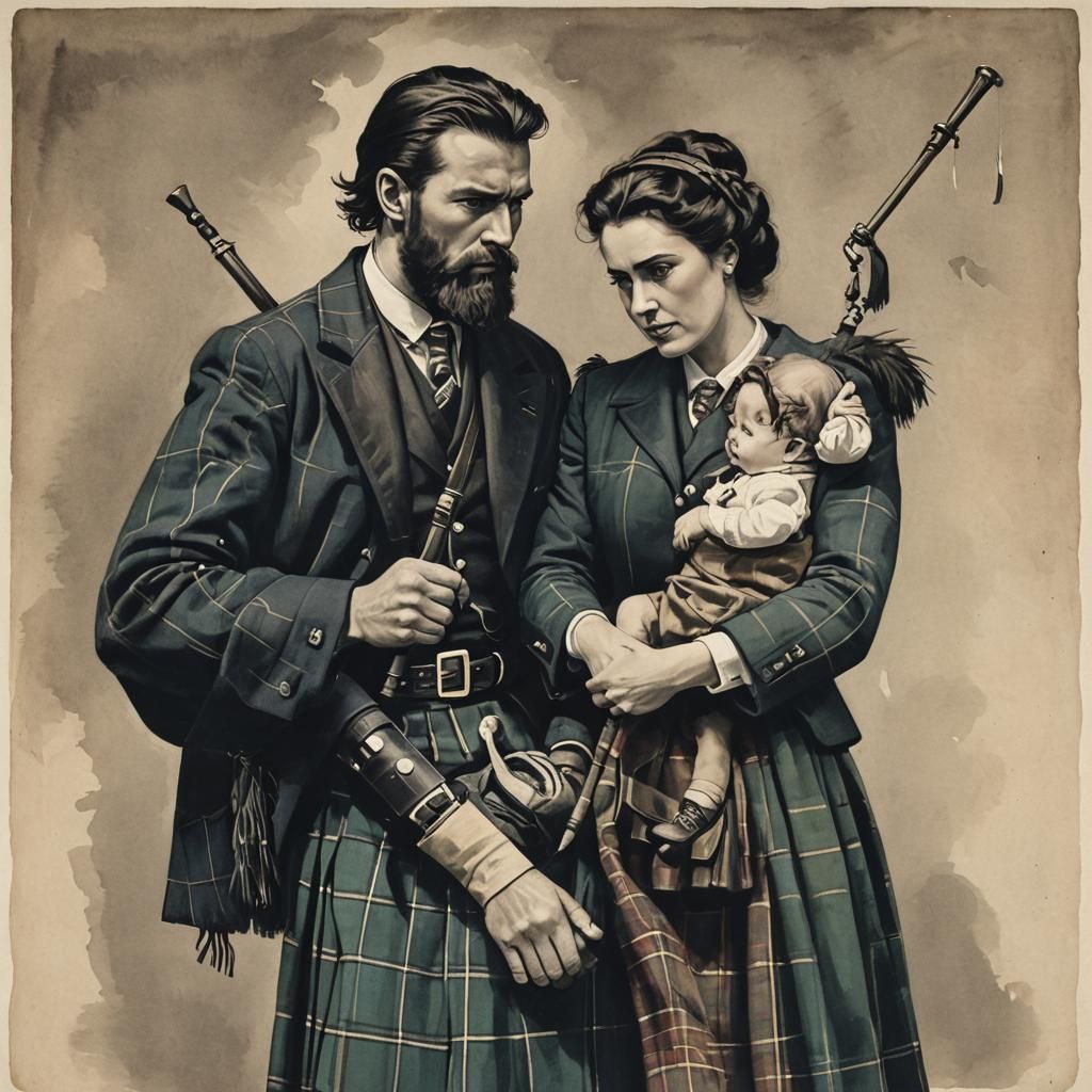 Scottish Man in Kilt with Woman and Baby