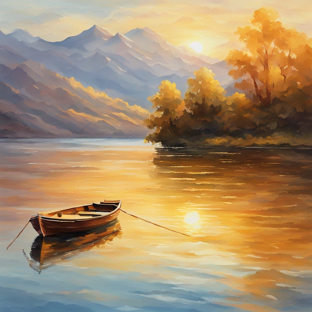 Golden Impressionism: Boat on Lake at Golden Hour
