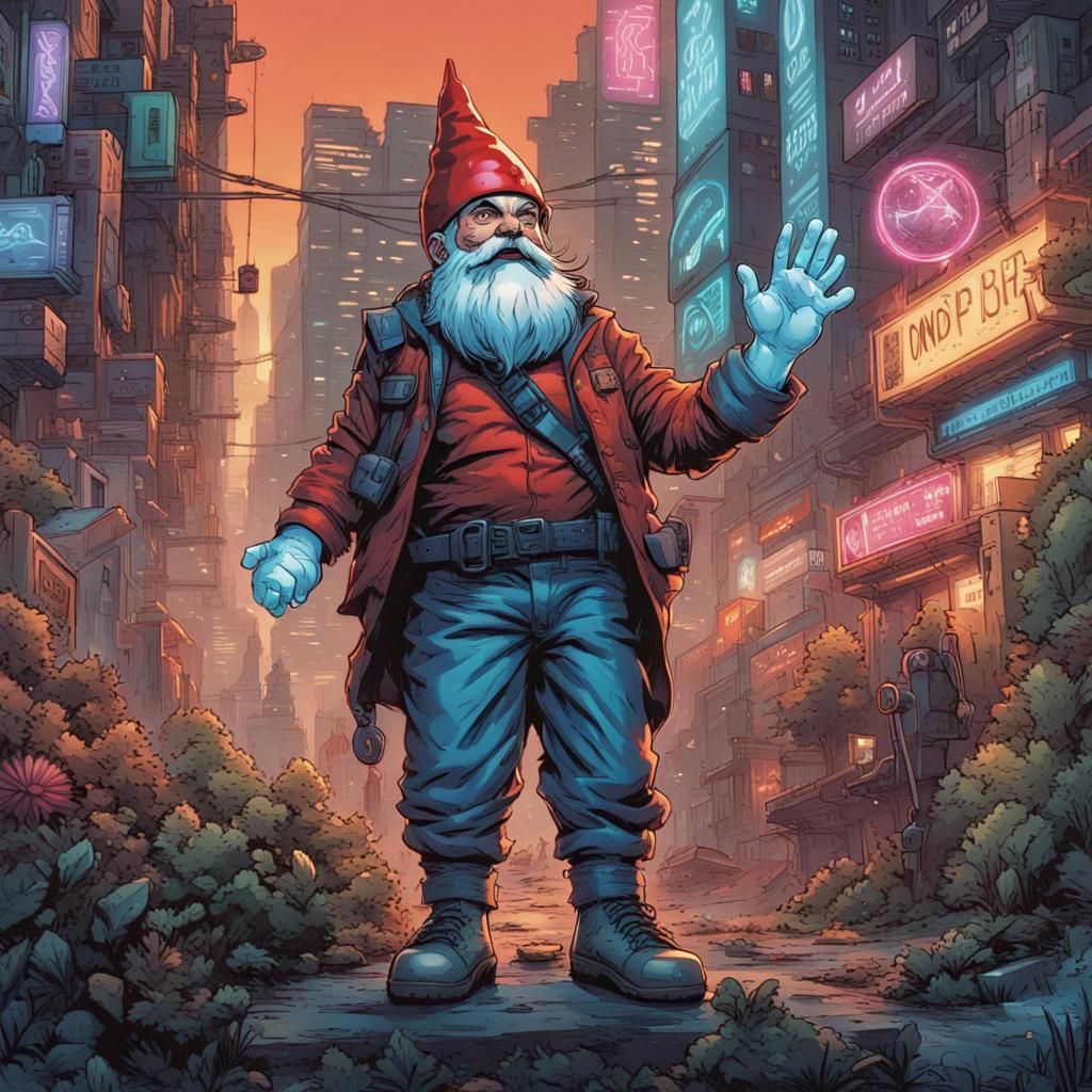 Gnome Waving in Cyberpunk City, Comic Book Art