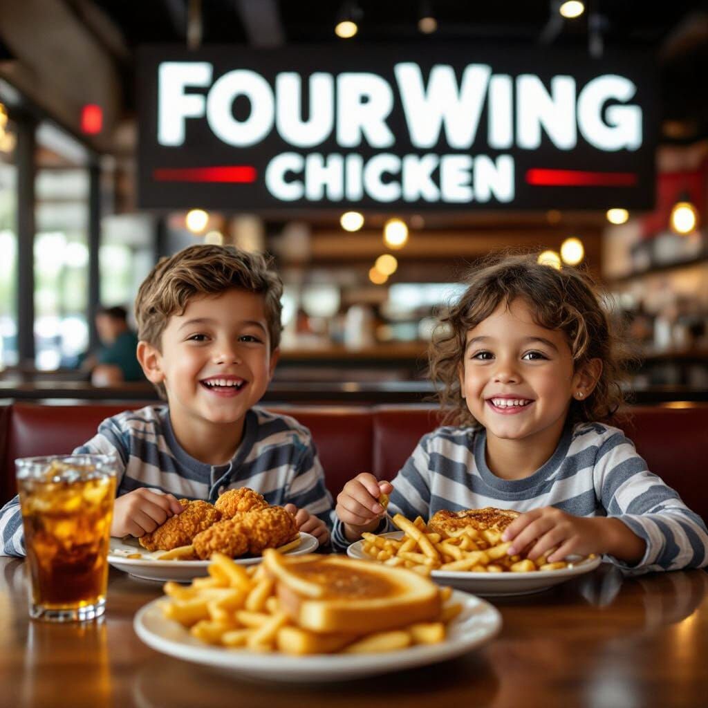 Happy Kids Enjoying Chicken and Fries in Restaurant
