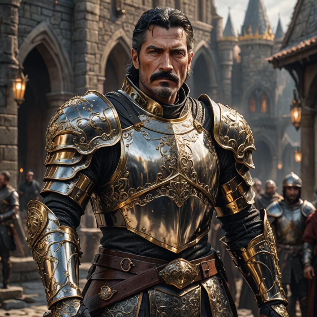 Male human knight. Graying black hair with bushy mustache. Wears gold and silver armor.