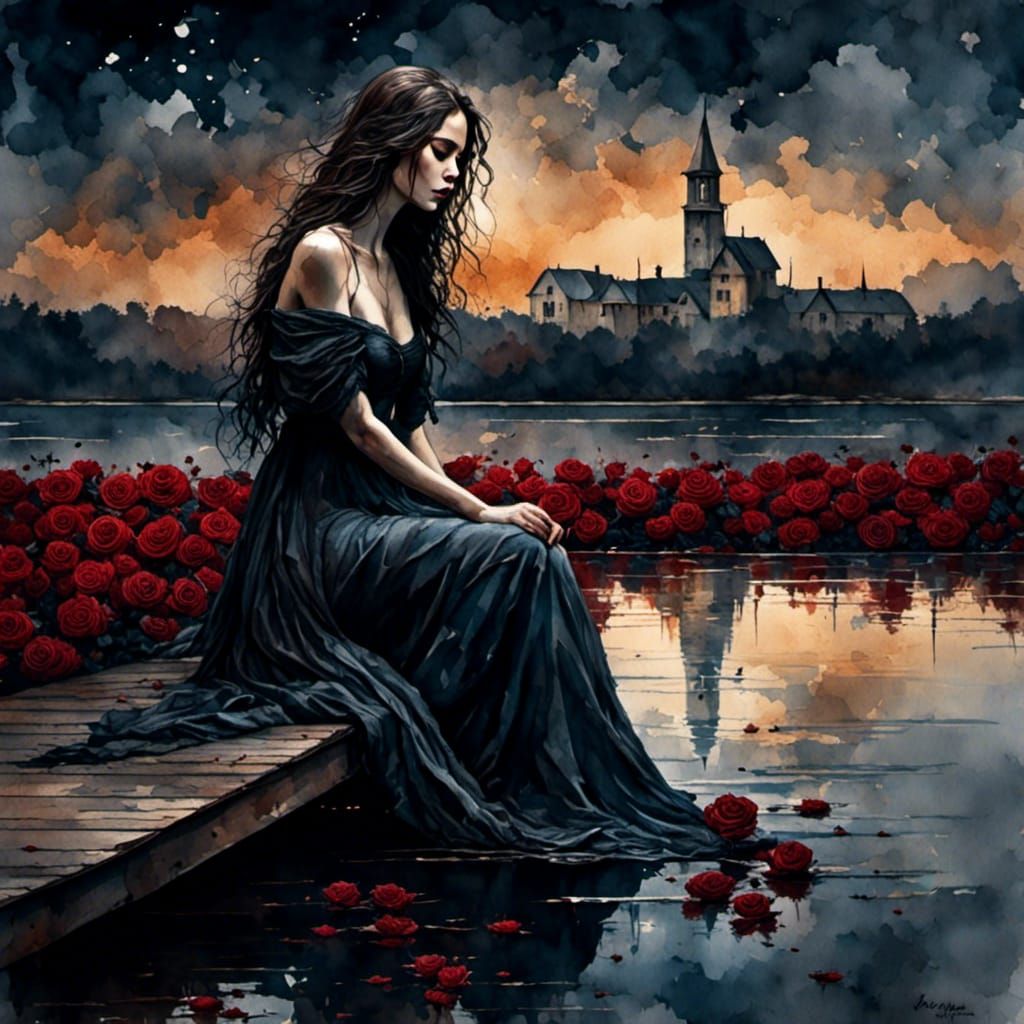 Woman with Roses on Dock in Watercolor Style