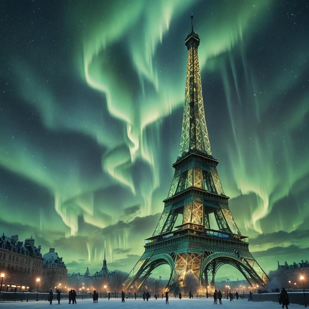 Eiffel Tower Under Aurora Borealis: Fantasy Concept Art