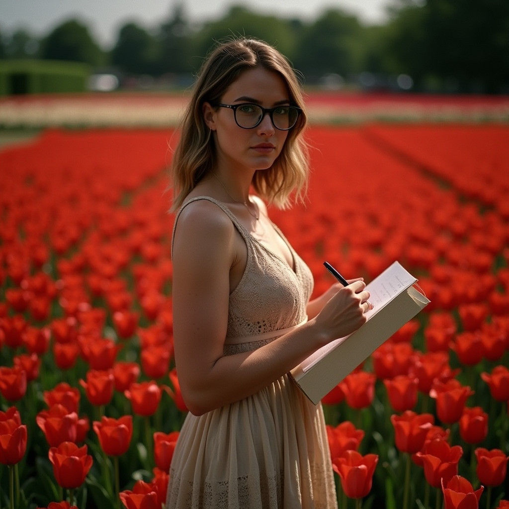 Woman Writes in Tulip Field: Cinematic Film Still