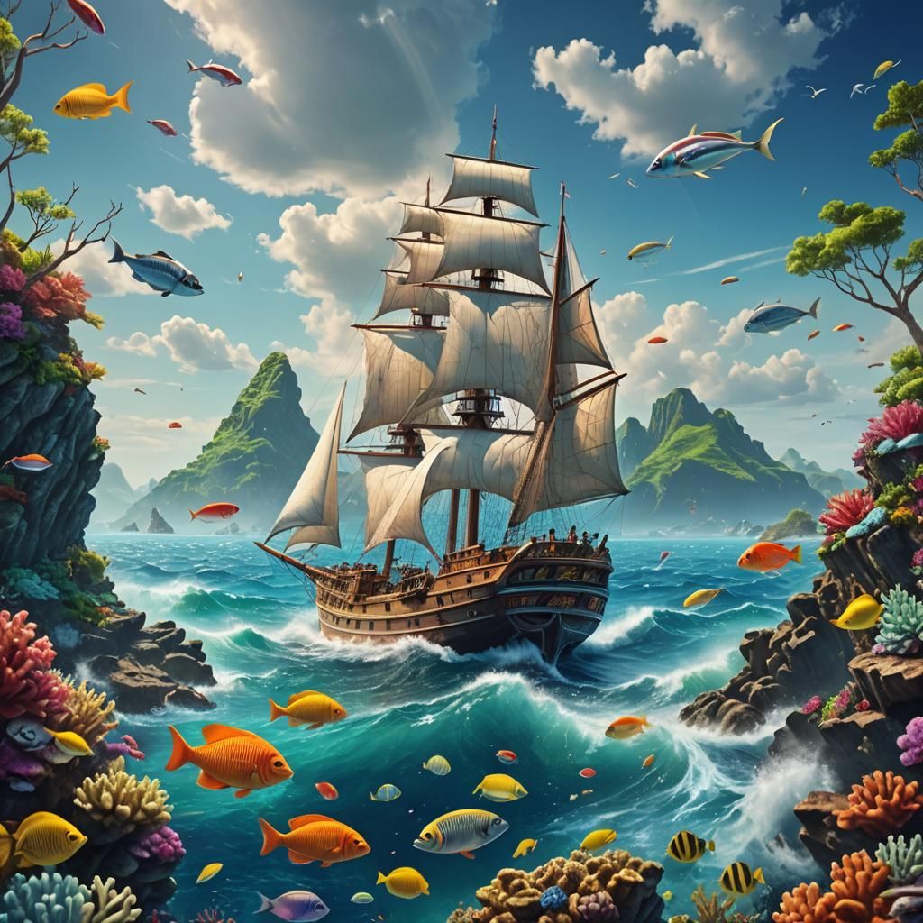 Catamaran Sailing in Open Ocean with Reef Fish