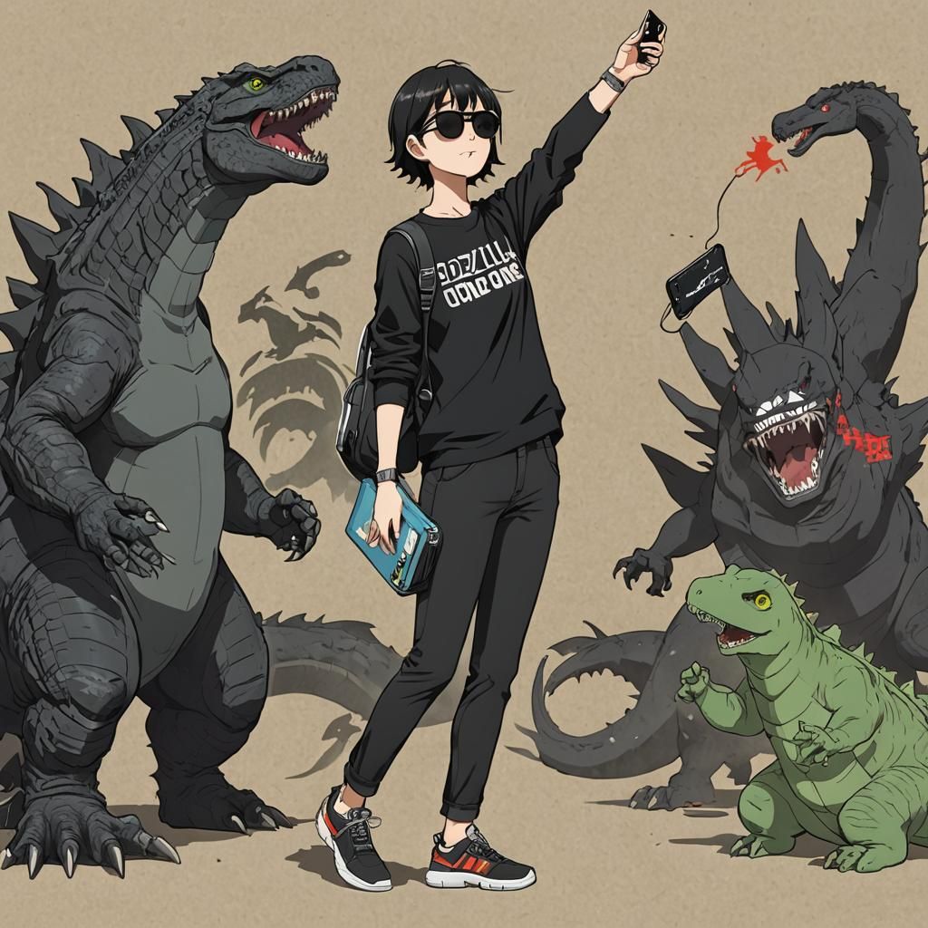 Teenager with Godzilla Phone Case, Anime Style
