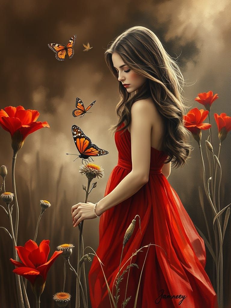 Ethereal Sepia Oil Painting of a Woman in a Red Dress