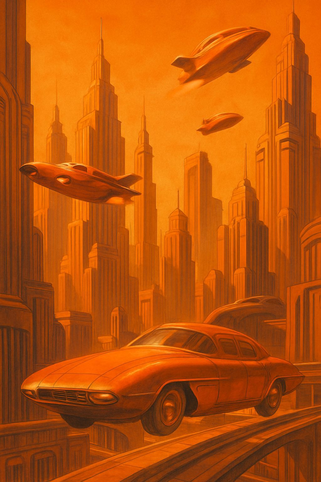 Orange Art Deco Metropolis With Flying Cars