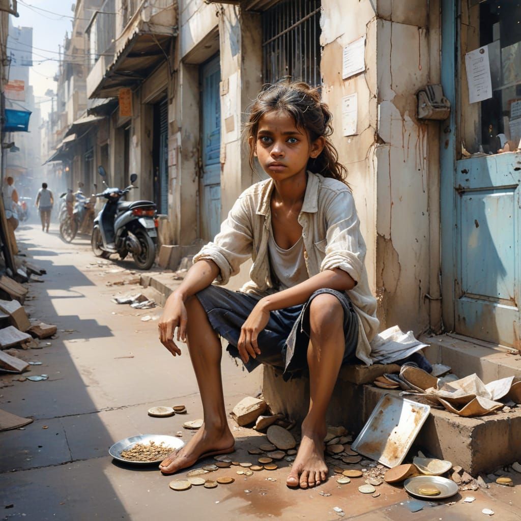 Sorrowful Young Beggar Girl Amidst Mumbai Street Chaos