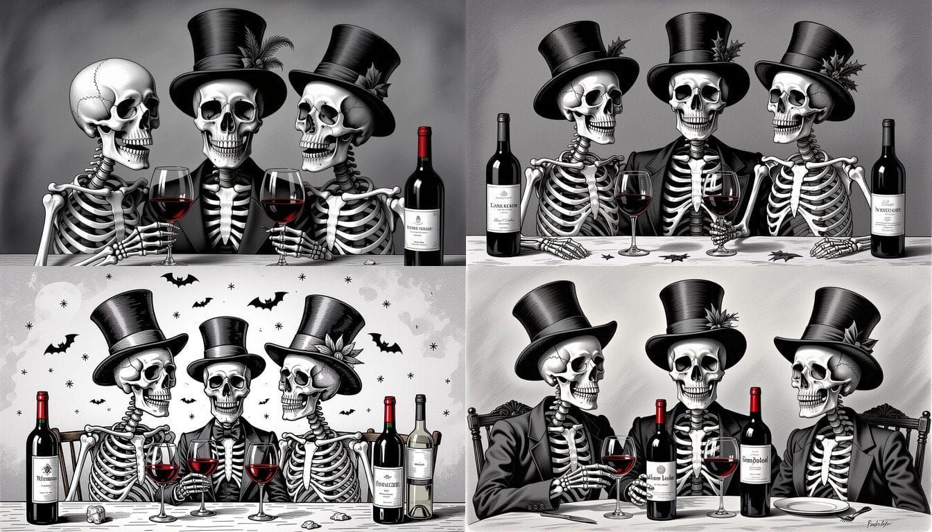 Grayscale Skeletons Celebrate with Wine and Headgear