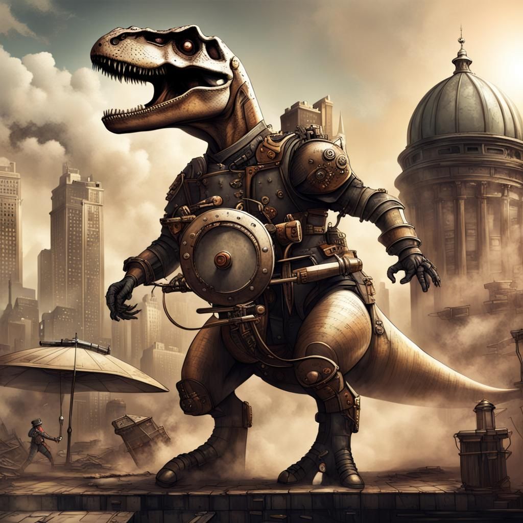 Crusader Battles T-Rex in Steampunk City