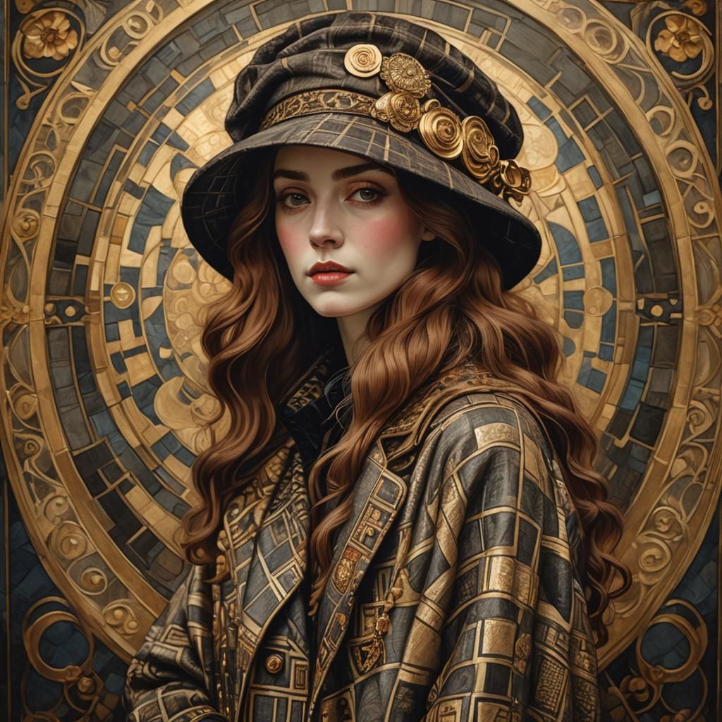 Art Nouveau Portrait with Checkered Coat, Klimt Style