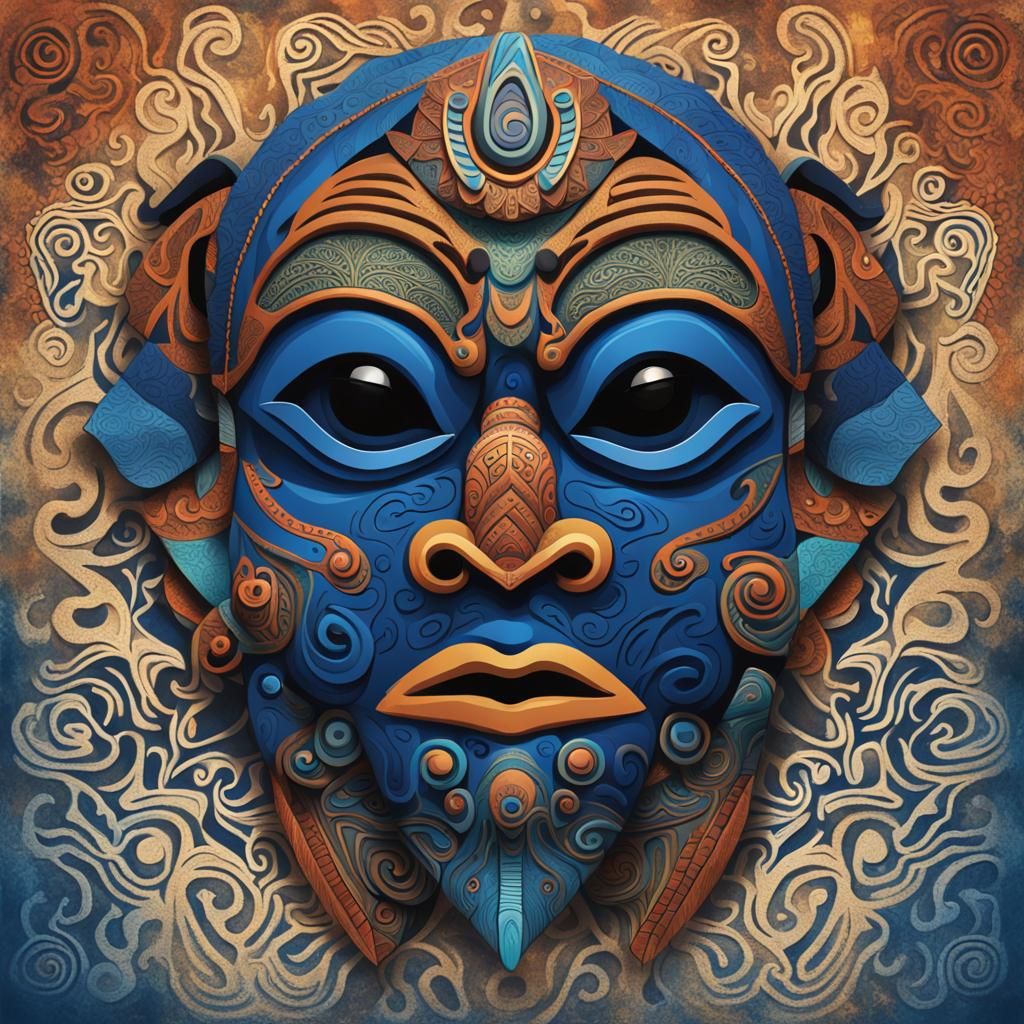 Symmetrical Tribal Mask with Swirling Patterns in Vibrant Oi...