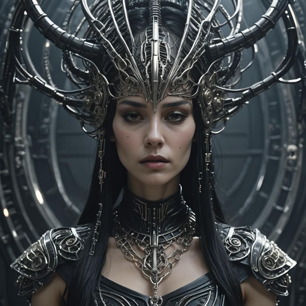 Serene Person with Intricate Headdress in Biomechanical Styl...