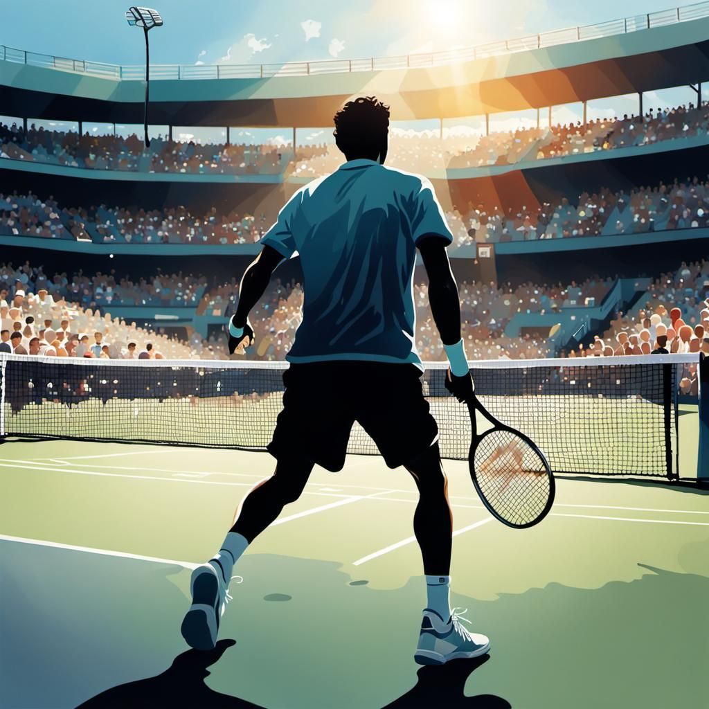 Tennis Player Silhouette in Stadium: Gouache and Ink Style