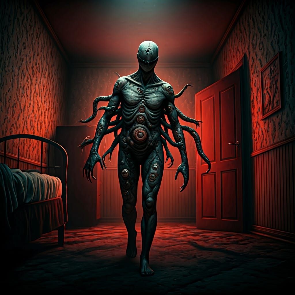 Terrifying Multi-Limbed Creature in Dark Bedroom