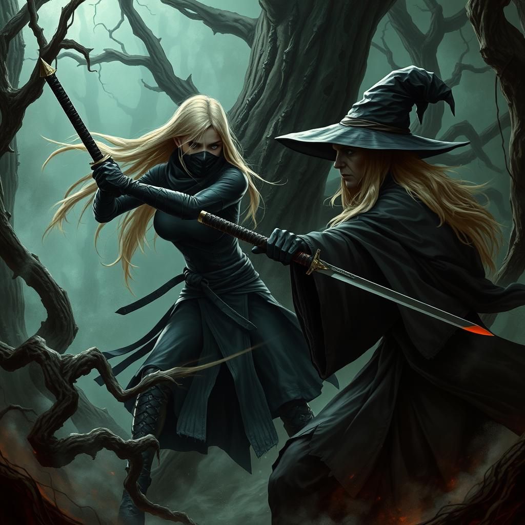 Ninja Warrior vs Witch in Dark Fantasy Forest