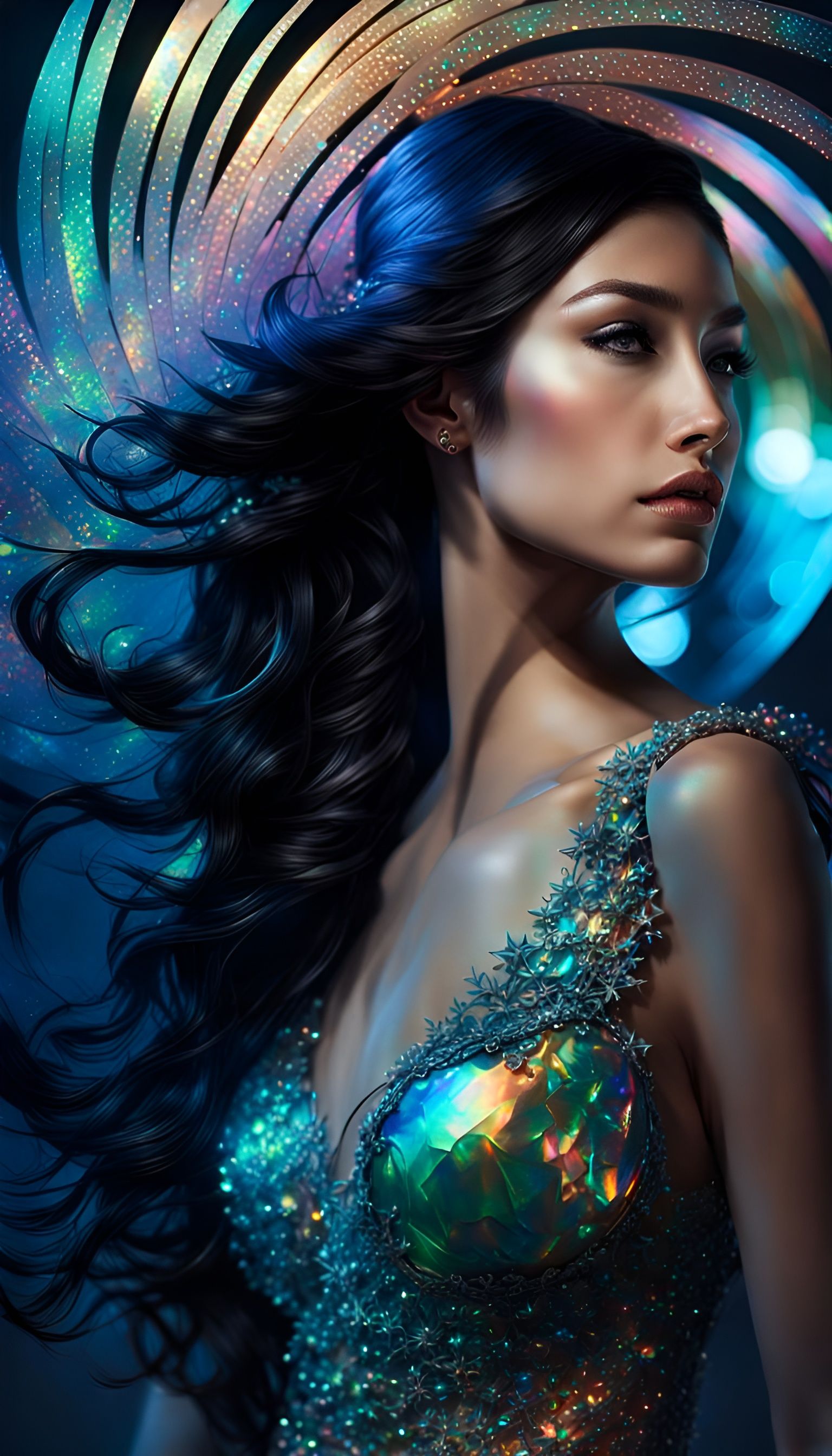 Iridescent Woman with Swirling Stars in Maximalist Style
