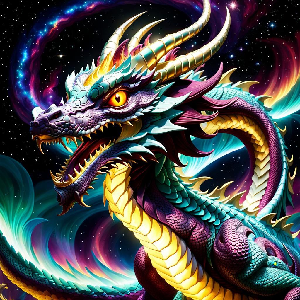 Maroon Dragon with Golden Eyes in Cosmic Sky