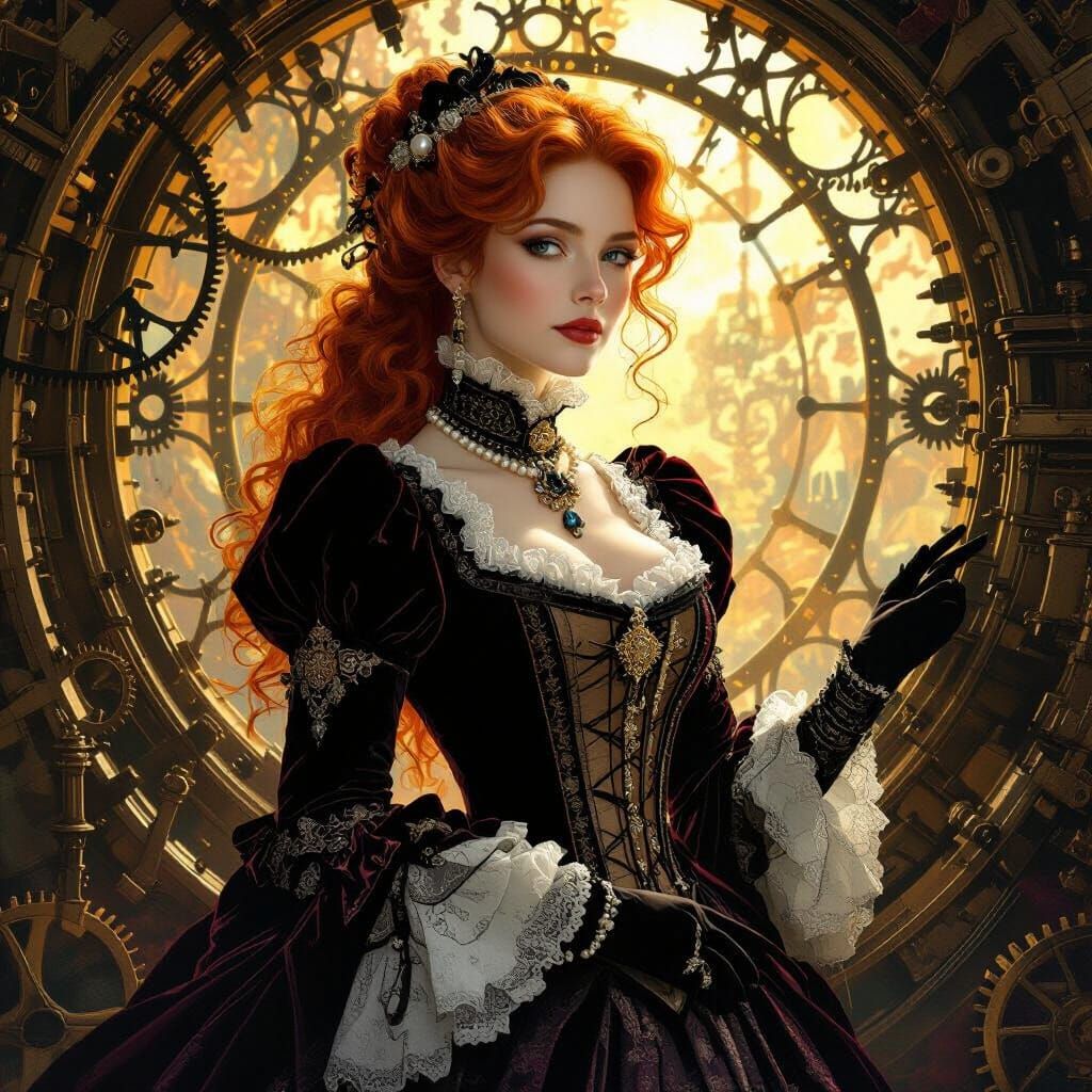 Victorian Noblewoman Amidst Arcane Machinery in Gothic Fanta...