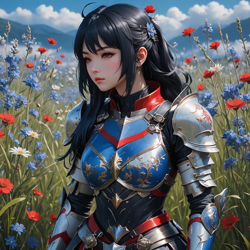 Anime Girl in Armor in Blue Meadow: 3D Render