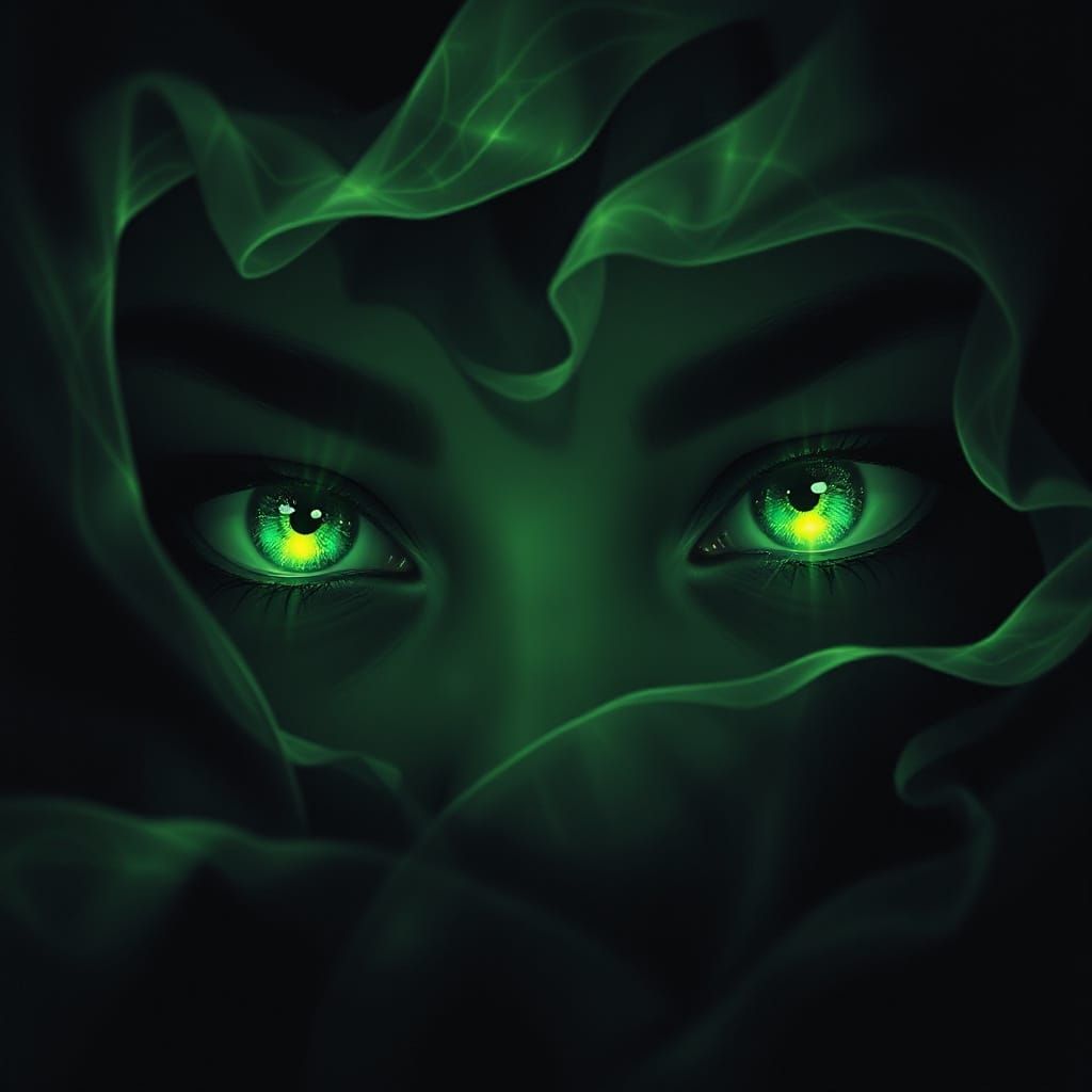 Mystical Eyes Glow with Emerald Intensity in Dark, Velvety B...