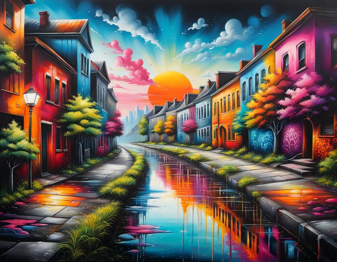 Detailed Chalk Landscape with Urban Graffiti Art