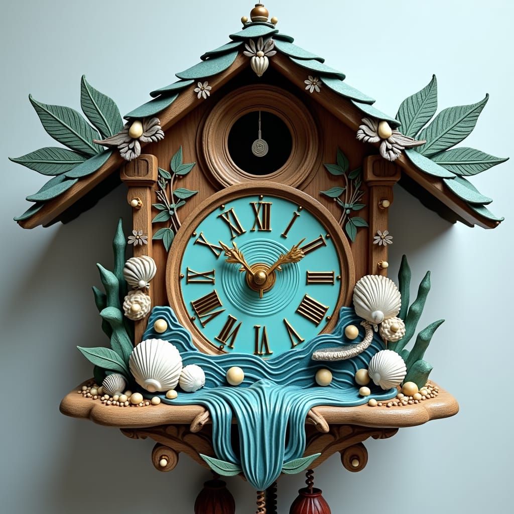 Water-Themed Cuckoo Clock in Steampunk Art Nouveau Style