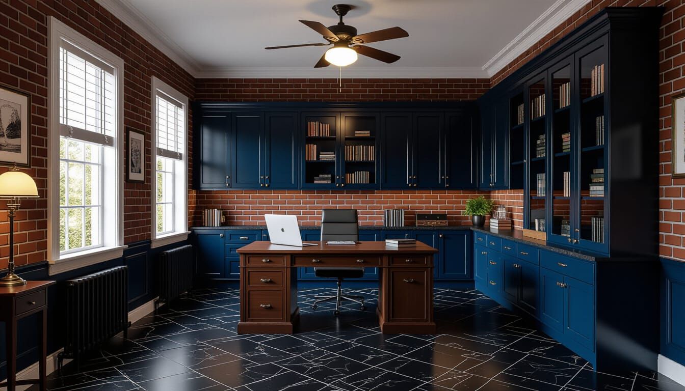 Vibrant Victorian Working Room with Dark Blue Cabinets