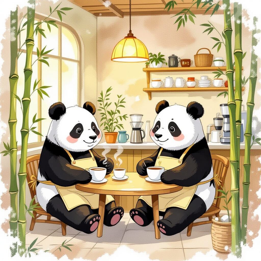 Cozy Panda Cafe in Watercolor Illustration Style