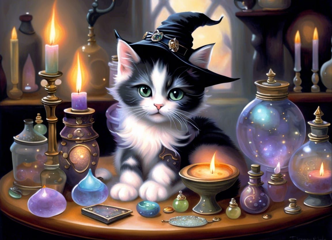 Calico Kitten Witch with Potion Bottles