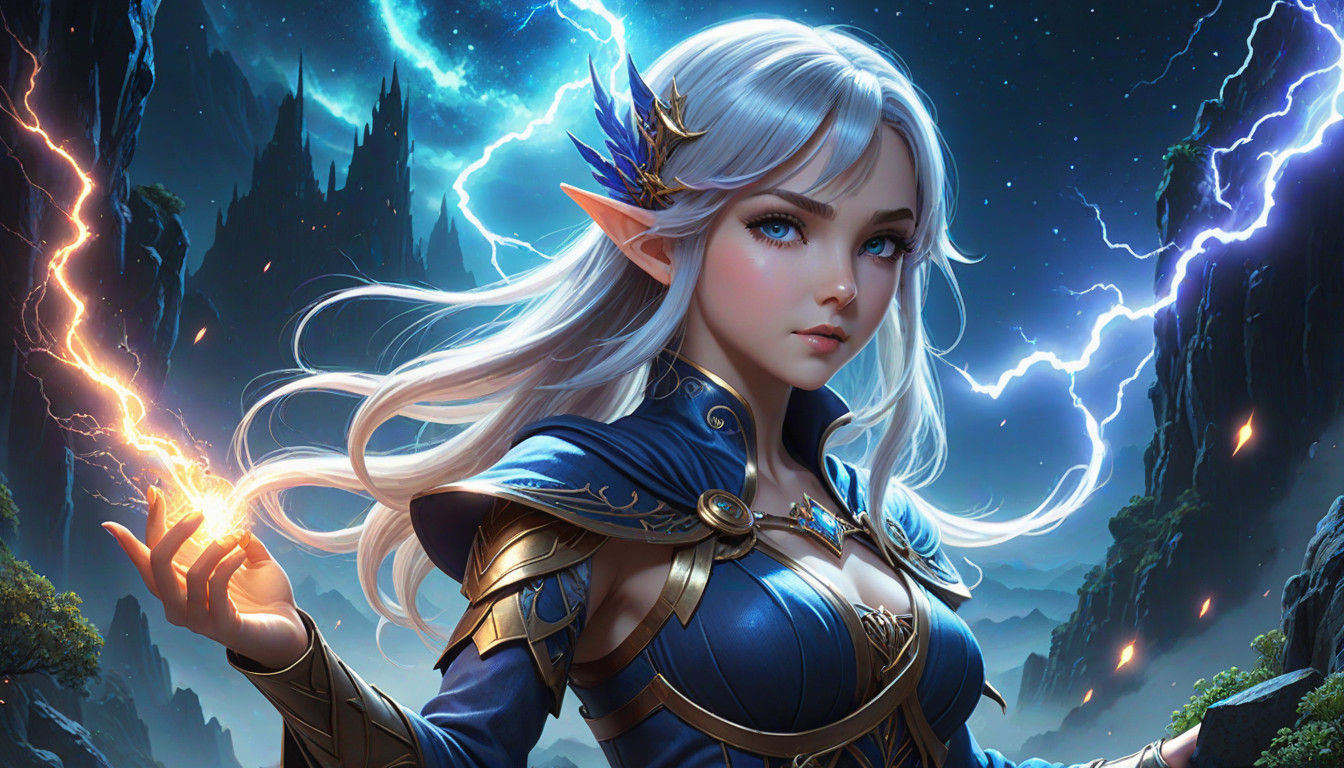Vibrant Anime Elf Wizard with Magical Lightning
